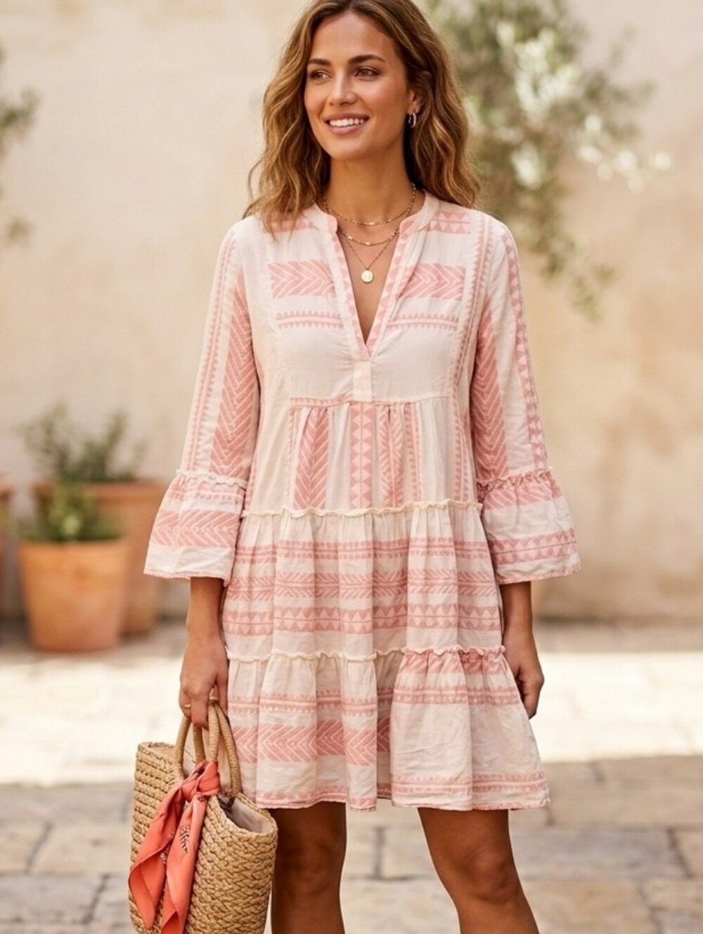 Lemonwood Embroidered Tiered Babydoll Tunic Dress Pink White Boho Medium